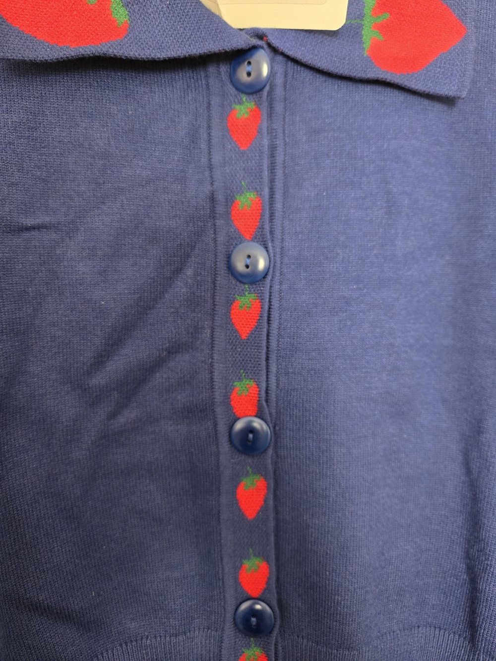 Lisa Says Gah Royal Blue Cardigan with Red Strawberry Accents - Picture 3 of 3